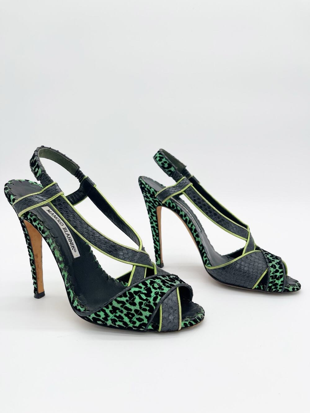 Manolo Blahnik Green Black Leopard Velvet Snake Embossed Strappy Heels IT 38.5